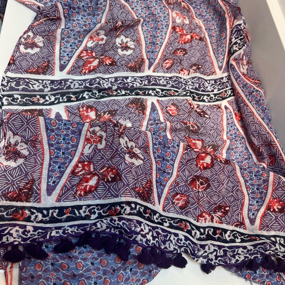 TORY BURCH Purple Floral Tassel Linen Blend Scarf - Picture 5 of 7